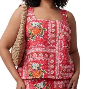 NWTs LC‎ Lauren Conrad Plus Size Top Square Neck Linen Blend Floral Red Pink 3X